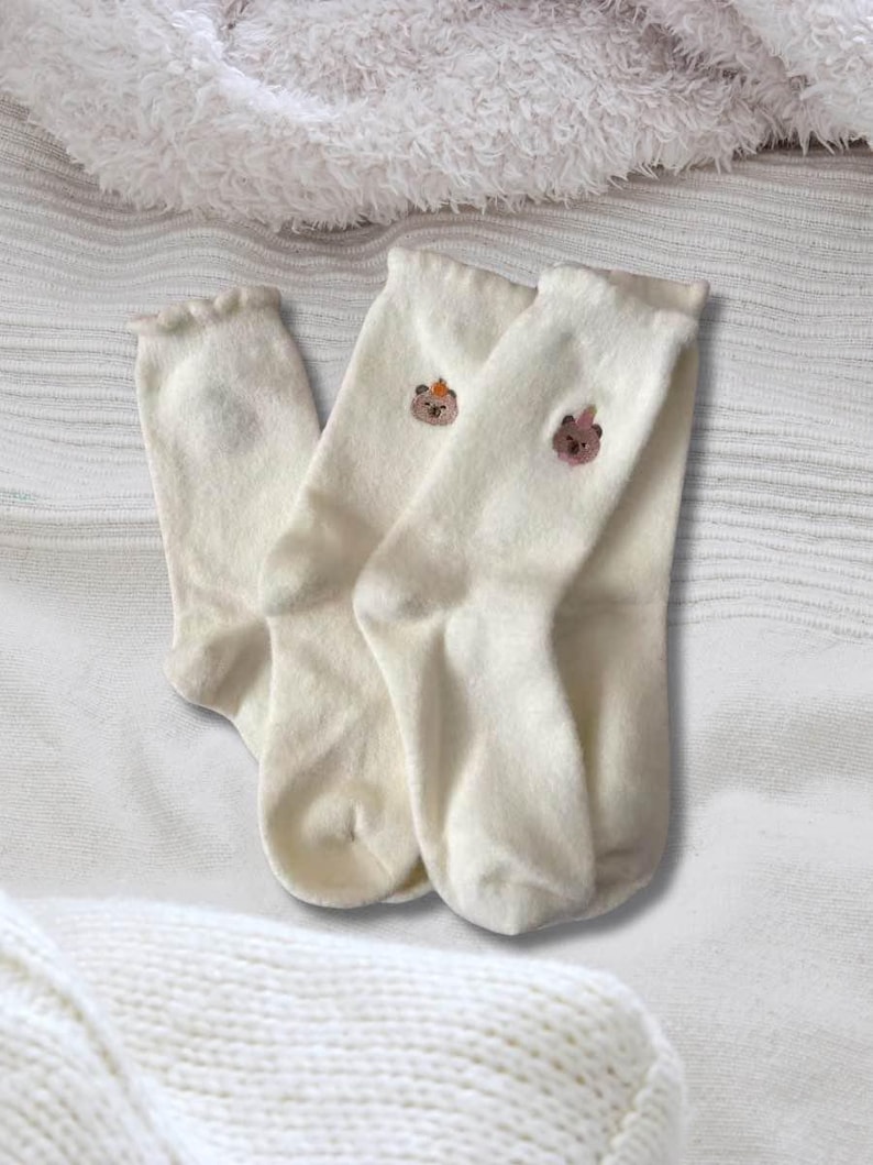White Cozy Cute Plush Socks, Thicken Fleece Lining Socks for Her, Cute Socks with Bear Embroidery, Warm and Cozy Thick Footwear for Girls image 10