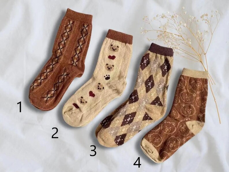 Wool Knitted Cozy Mid-Calf Socks, Warm and Soft Knit Socks for Spring, Cute Retro Bear Socks, Wool Comfort Fit, Men Women Spring Socks Gift image 4