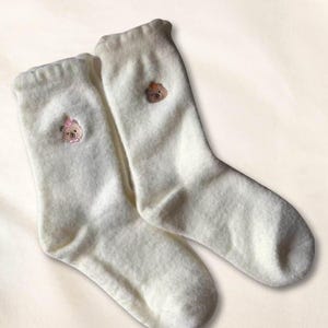 White Cozy Cute Plush Socks, Thicken Fleece Lining Socks for Her, Cute Socks with Bear Embroidery, Warm and Cozy Thick Footwear for Girls image 9