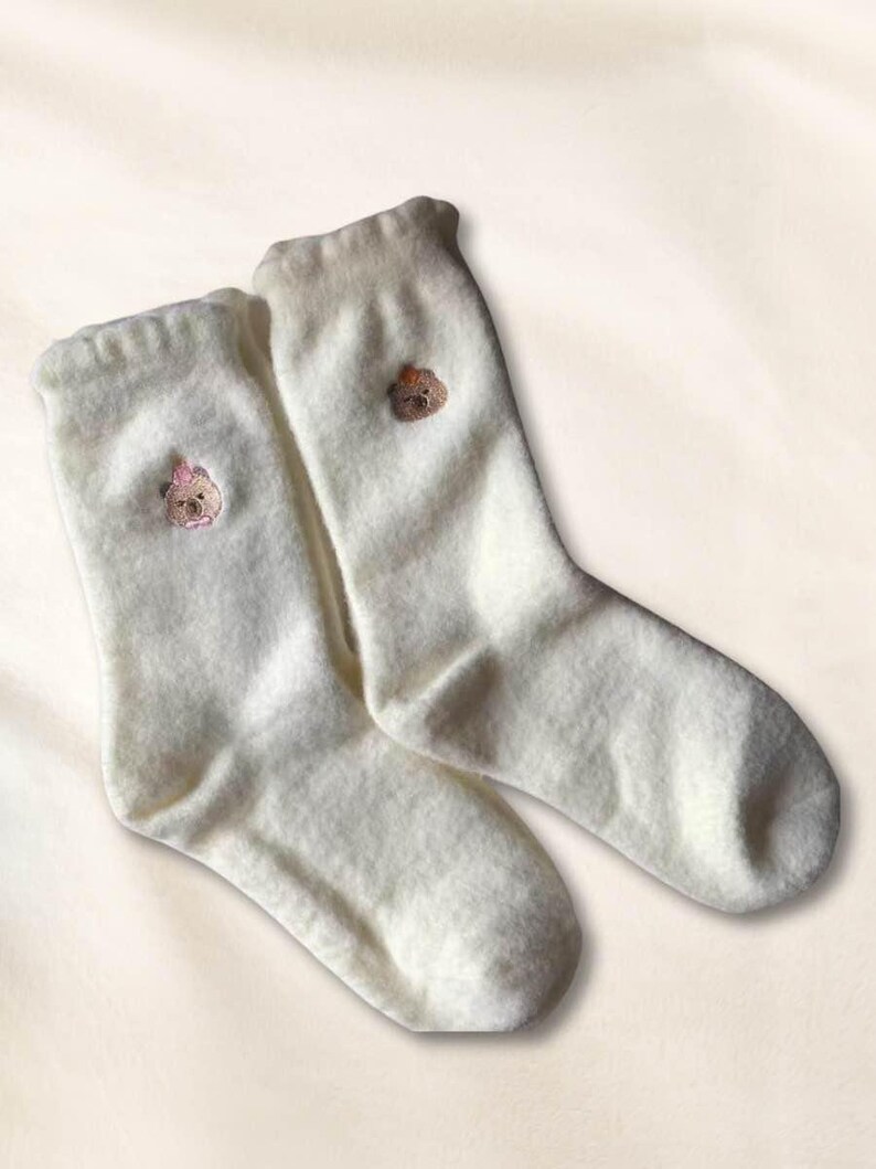 White Cozy Cute Plush Socks, Thicken Fleece Lining Socks for Her, Cute Socks with Bear Embroidery, Warm and Cozy Thick Footwear for Girls image 9