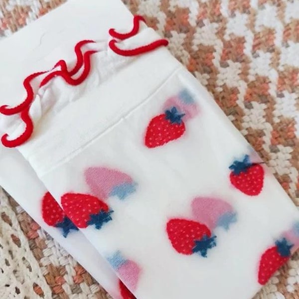 Chaussettes empilables japonaises kawaii fraises - collants d'été en cristal transparent, jolies socquettes, chaussettes en verre transparent, bordure en dentelle, chaussettes femme