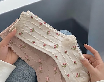 Korean Cute Rose Socks - Women's Floral Crew Socks, Sweet Ankle Socks, Ins Fashion Cotton Socks, Spring Fall Pastel Socks, Girls Gift