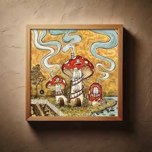Fairytale Mushroom Home Illustration - Fairy House - Mushroom Art - Hand Drawn Art - Wall Decor - Nursery Wall Art - Fine Art Glicée Print