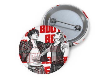 Jikook Duo Illustration Pin Button | Round Badge, Black White Red