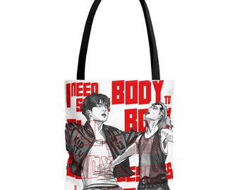 Body to Body illustration Tote | Retro red typography anime couple design
