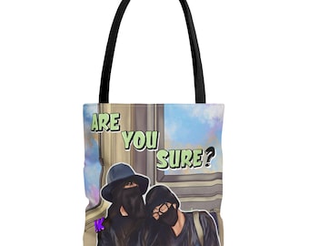 Are You Sure? Illustration Tote Bag | Masked Duo Artwork, Everyday Carry