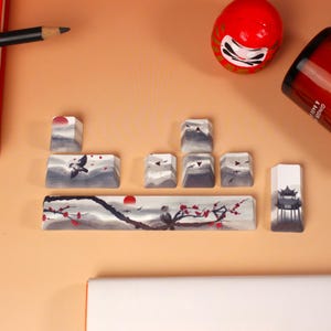 Japanese Themed Keycap Bundle - Cute Kawaii Japanese Handmade Artisan Cherry Blossom Spring Sakura Landscape Cherry Mx Custom Keycap Set