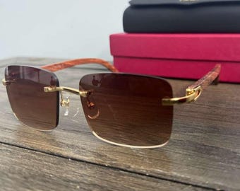 Cartier Wooden Metal Rimless Frame Sunglasses, Mod#CT0012 Vintage With Brown Lens Eyewear, Christmas Gift, Gift For Her, Him, Birthday Gift