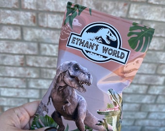 Bolsa para patatas fritas personalizada inspirada en los dinosaurios de Jurassic Park. Producto físico.