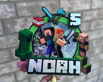 Pixel video game inspired personalized cake topper party decoration