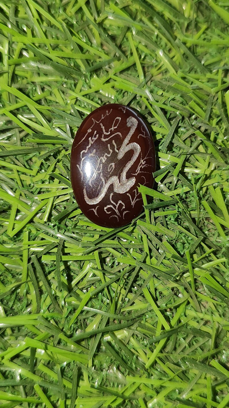 May include: A dark brown, oval-shaped stone with silver-colored calligraphy and a stylized snake design. The stone is set against a backdrop of green artificial grass.