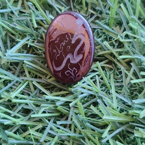 May include: A brown, oval-shaped stone with a white, etched design of a snake. The stone is set against a background of green grass.