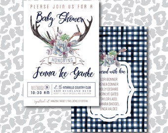 DIY or PRINT Succulent Floral Antler Baby Shower Invitation with Watercolor Blue Plaid, Unisex Boy or Girl shower invitation