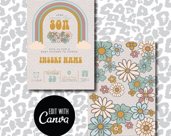 Groovy Babypartyeinladungs-Set, bearbeitbare Groovy Retro-Babypartypaket, Groovy Blumen-Einladung, Canva sofort bearbeitbar, Retro-Babyparty