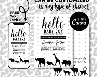 Noah's Ark Baby Shower Invitation Set, Editable Modern Animals Baby Sprinkle Pack, Black and White Noah's Ark Invite, Instant Download