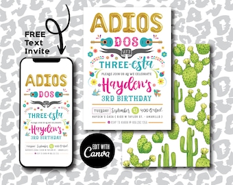 Instant Download Canva Editable Fiesta Happy Birthday Invitation Adios Dos Three-esta Party Invite Mexican Cactus Succulent Desert Fiesta