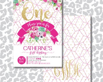 DIY or Print Glitter and Floral Girl Birthday Invitation