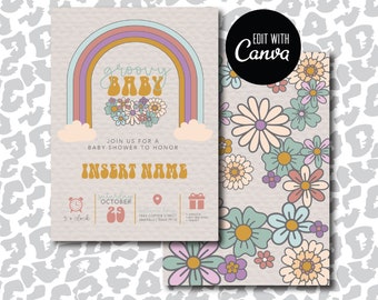 Groovy Babypartyeinladungs-Set, bearbeitbare Groovy Retro-Babypartypaket, Groovy Blumen-Einladung, Canva sofort bearbeitbar, Retro-Babyparty