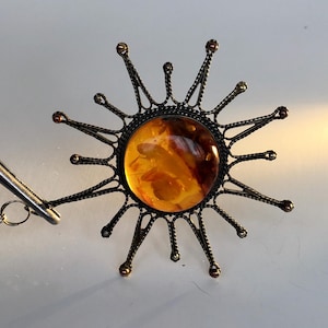 Vintage Original Baltic Amber Pendant  with Cupronickel Filigree Amber from Piece of Natural Translucent Cognac Amber, Snowflake 15.09 gr