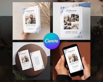 Blue Pink Flower Funeral Template Bundle | 4-Piece Memorial Package Suite | Editable Canva 04B