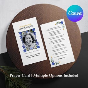 Blue Flower Printable Memorial Prayer Card Template Editable Obituary Funeral Favors Catholic Mass Canva Editable Funeral Prayer Card 02B