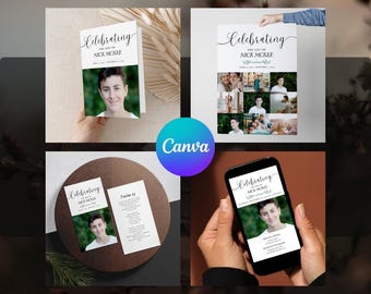 Green Floral Editable Funeral Bundle Set, Celebration of Life Template Package (Canva) 09B