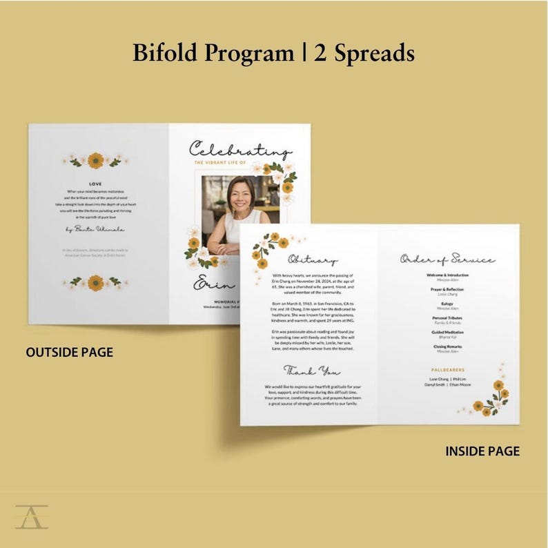 Large Bifold Program Floral Mums Yellow & White Funeral Program Template | Bifold ...