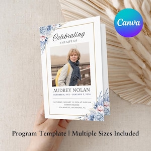 Blue/Pink Funeral Program Template Celebration of Life Memorial Program Foldable Obituary Template Order of Service Editable Canva Card 04B