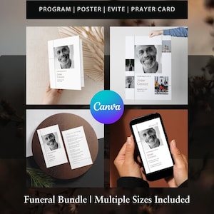 May include: A funeral program, poster, Evite invitation, and prayer card template bundle. Each template features a black and white photo of a man with the text "Celebrating the life of Jesse Grover" and the date of his passing. The templates are designed in a minimalist style with a white background and black text.