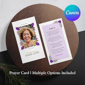 Purple Flower Funeral Prayer Card Template Printable Funeral Favor Catholic Mass Editable Memorial Prayer Card Instant Canva Download 02A