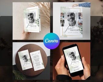 Green Floral Editable Funeral Bundle Set, Memorial Package Obituary Templates (Canva) 03B