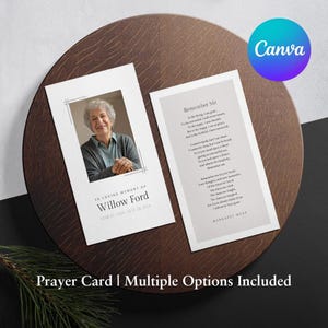 Modèle de carte de prière commémorative imprimable minimale classique nécrologie modifiable faveur funérailles catholique messe carte de prière funéraire modifiable Canva 01B