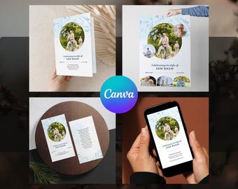 Blue Leaf Watercolor Funeral Template Bundle | 4-Piece Memorial Package Suite | Editable Canva 08B