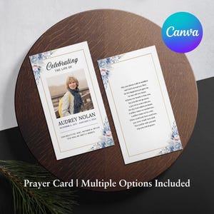 Blue/Pink Rose Printable Memorial Prayer Card Template Editable Obituary Funeral Favors Catholic Mass Canva Editable Funeral Prayer Card 04B