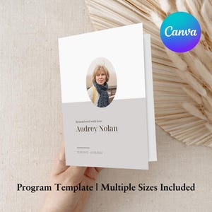 May include: A white and gray funeral program template with a photo of a woman in a gray scarf. The text reads "Remembered with love: Audrey Nolan 10.06.1972 - 01.05.2024".