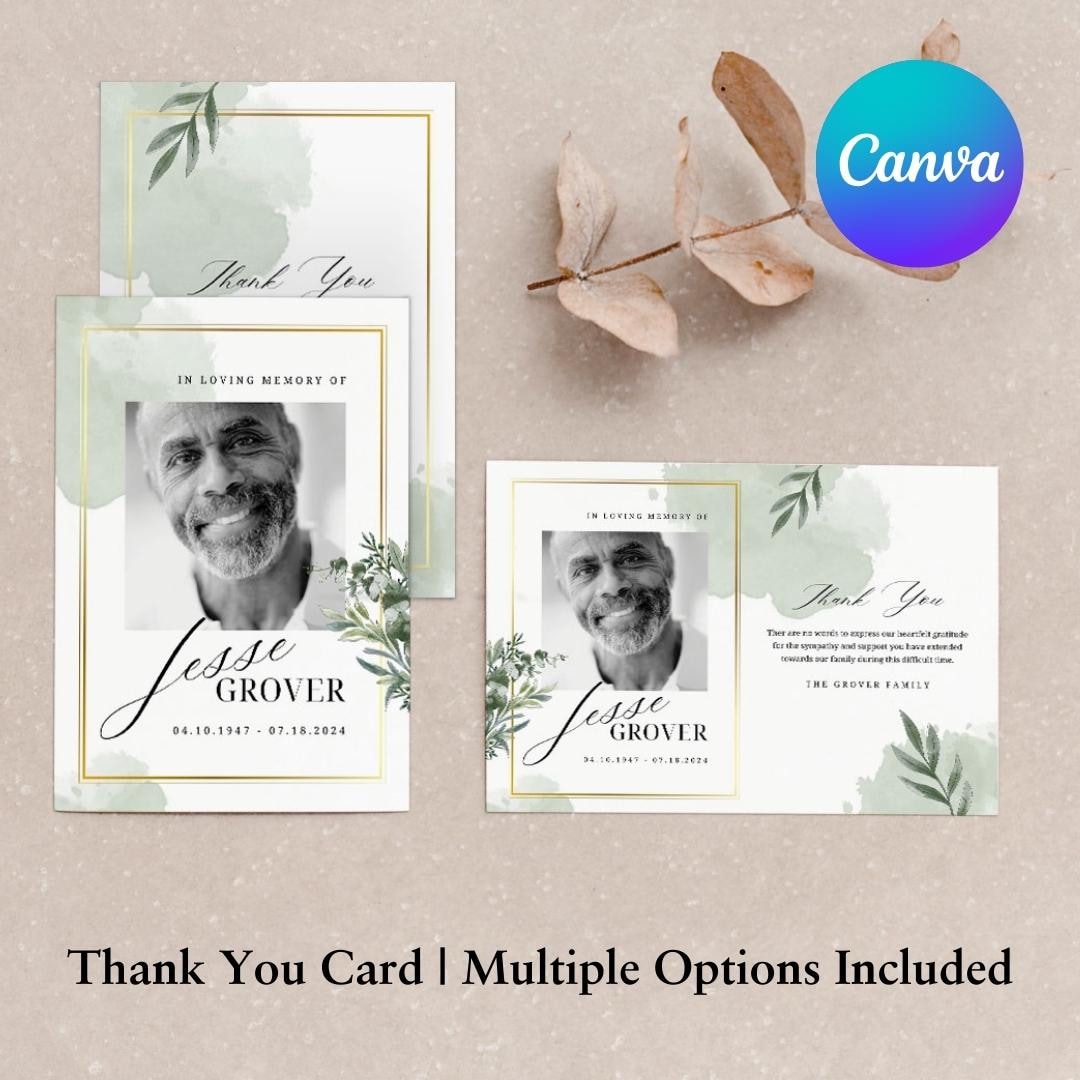 Funeral Thank You Card Template With Watercolor Greenery | Editable ...