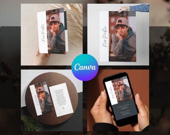 May include: A funeral program, poster, evite, and prayer card bundle. The cards feature a photo of a young man and the text "Nick Maker". The cards are designed in a minimalist style with black and white colors.