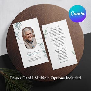 Palm Leaf Printable Memorial Prayer Card Template Editable Obituary Funeral Favors Catholic Mass Card Canva Editable Funeral Prayer Card 06B