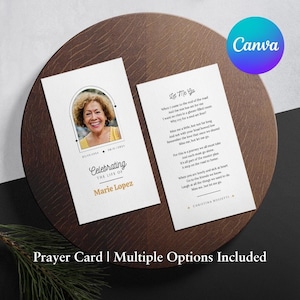 Modèle de carte de prière commémorative imprimable jaune cosmique, carte de prière funéraire modifiable sur toile, faveurs funéraires modifiables, messe catholique 07B