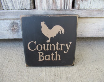 Primitive Country Bath with Rooster Hand Painted Wooden Sign Plaque with Color Options GCC6923A