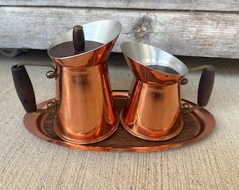 Vintage 1960’s Copper Coffee Cream and Sugar Pitcher Set with Tray Mid Century Modern
