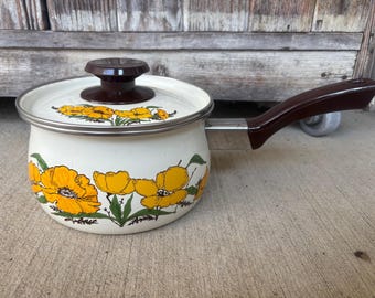 Vintage 1970’s Sanko Ware Enamel Sauce Pan with Yellow Poppy Pansy Design Japan