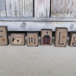 Primitive Family Wooden Blocks Set of 6 with Saltbox House Sheep and Stars GCC7835