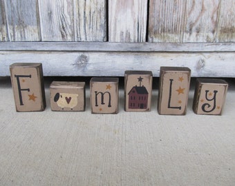 Primitive Family Wooden Blocks Set of 6 with Saltbox House Sheep and Stars GCC7835