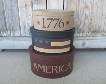 Primitive America Flag 1776 Hand Painted Oval Set of 3 Stacking Boxes with or without light option GCC3859