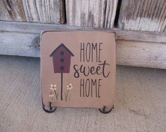Primitive Spring Summer Home Sweet Home Birdhouse and Flowers Hand Painted Wooden Plaque with Color Choices GCC9189