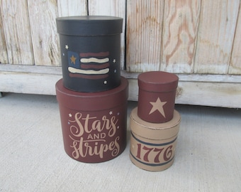 Primitive Americana Stars and Stripes Flag 1776 Set of 4 Round Stacking Boxes GCC6950