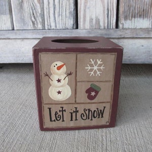 Primitive Let it Snow Snowman Sampler Winter Hand Painted Tissue Box Cover GCC6730 Burgundy
