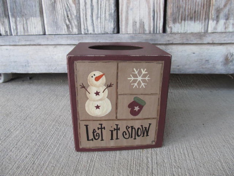 Primitive Let it Snow Snowman Sampler Winter Hand Painted Tissue Box Cover GCC6730 Burgundy