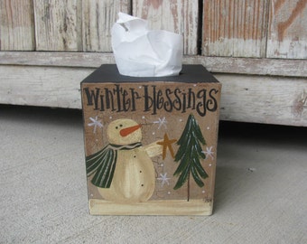 Primitive Snowman Winter Blessings Hand Painted Tissue Box Cover GCC4737